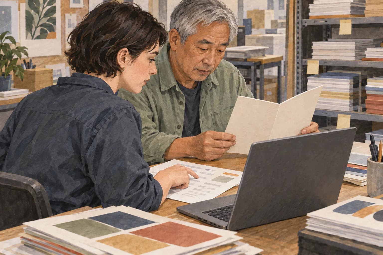 Two print-shop colleagues compare a client brief, brochure and laptop, with the reading surfaces facing them.
