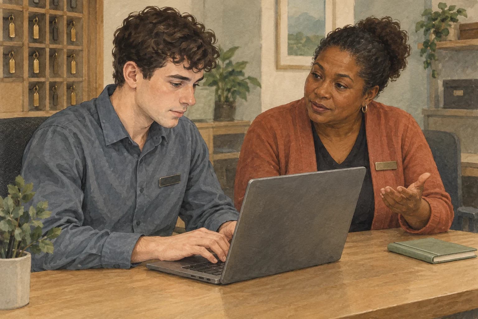 A hotel reception colleague operates a laptop while a peer coach listens beside him without taking over the keyboard.