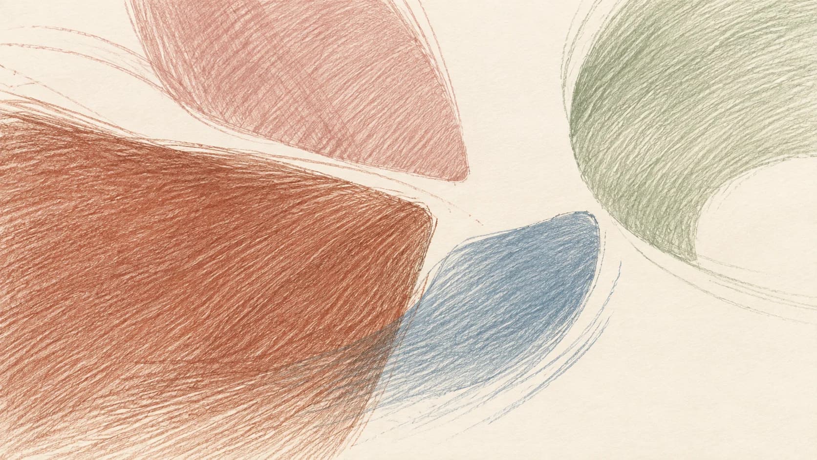 Distinct terracotta, blue and sage pencil-hatched forms meet around an open cream space.