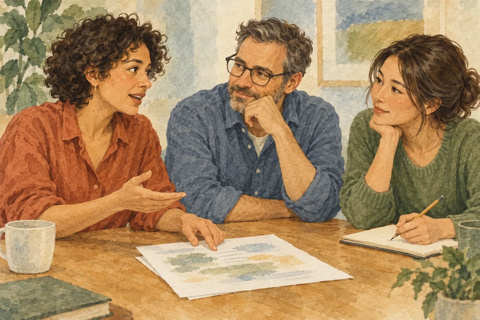 A colleague talks through an unfinished draft while two teammates listen, one with a pencil ready to take notes.
