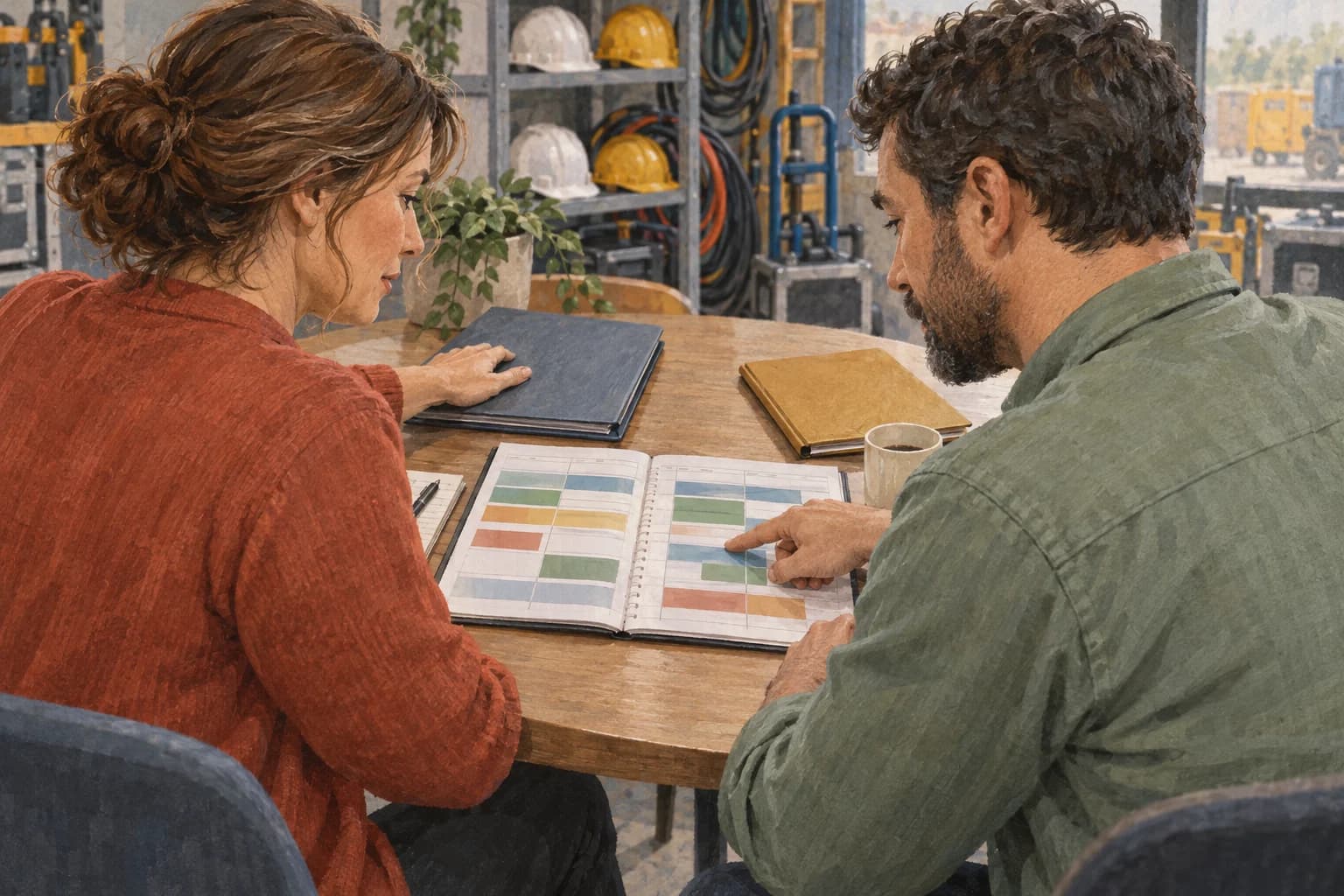 An equipment rental manager rests her hand on a closed project folder while a systems specialist points to a shared weekly capacity planner facing both colleagues.