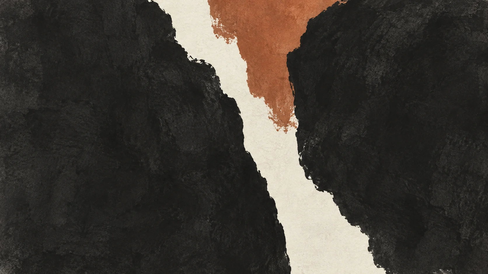 Two broad charcoal ink impressions frame an irregular warm passage with terracotta entering from above.