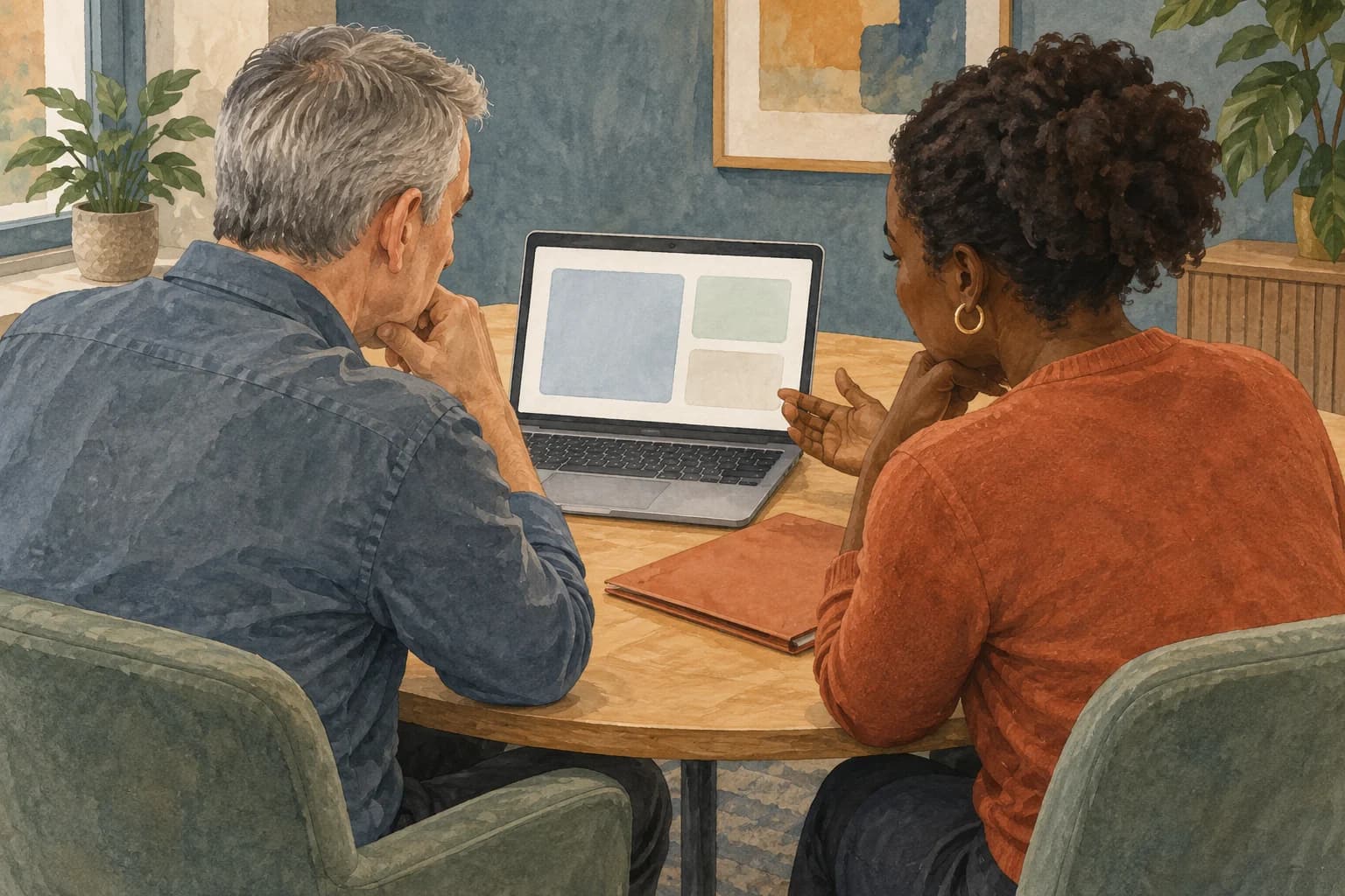 Two colleagues sit beside each other, reviewing a laptop that faces them, with a closed supplier folder on the table.