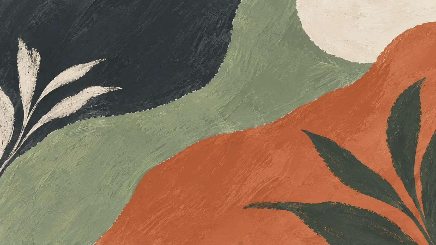 Charcoal, sage and terracotta fields meet beside pale and dark leaf impressions.