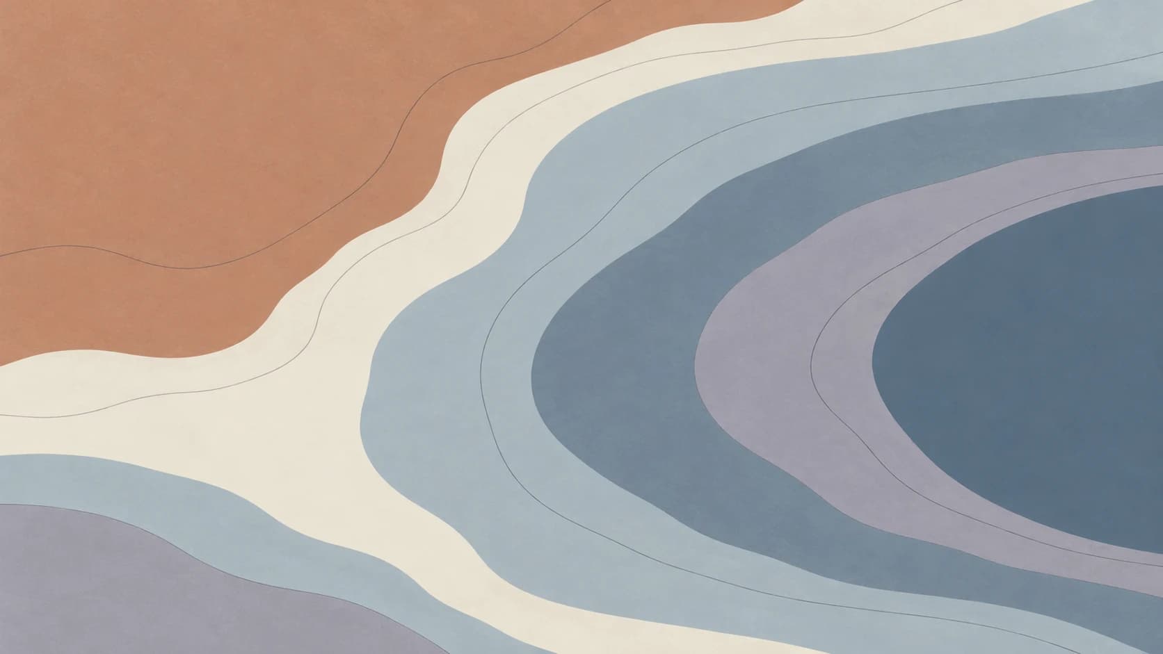 Broad clay, ivory and blue-grey contour fields curve around a slate basin extending beyond the right edge.