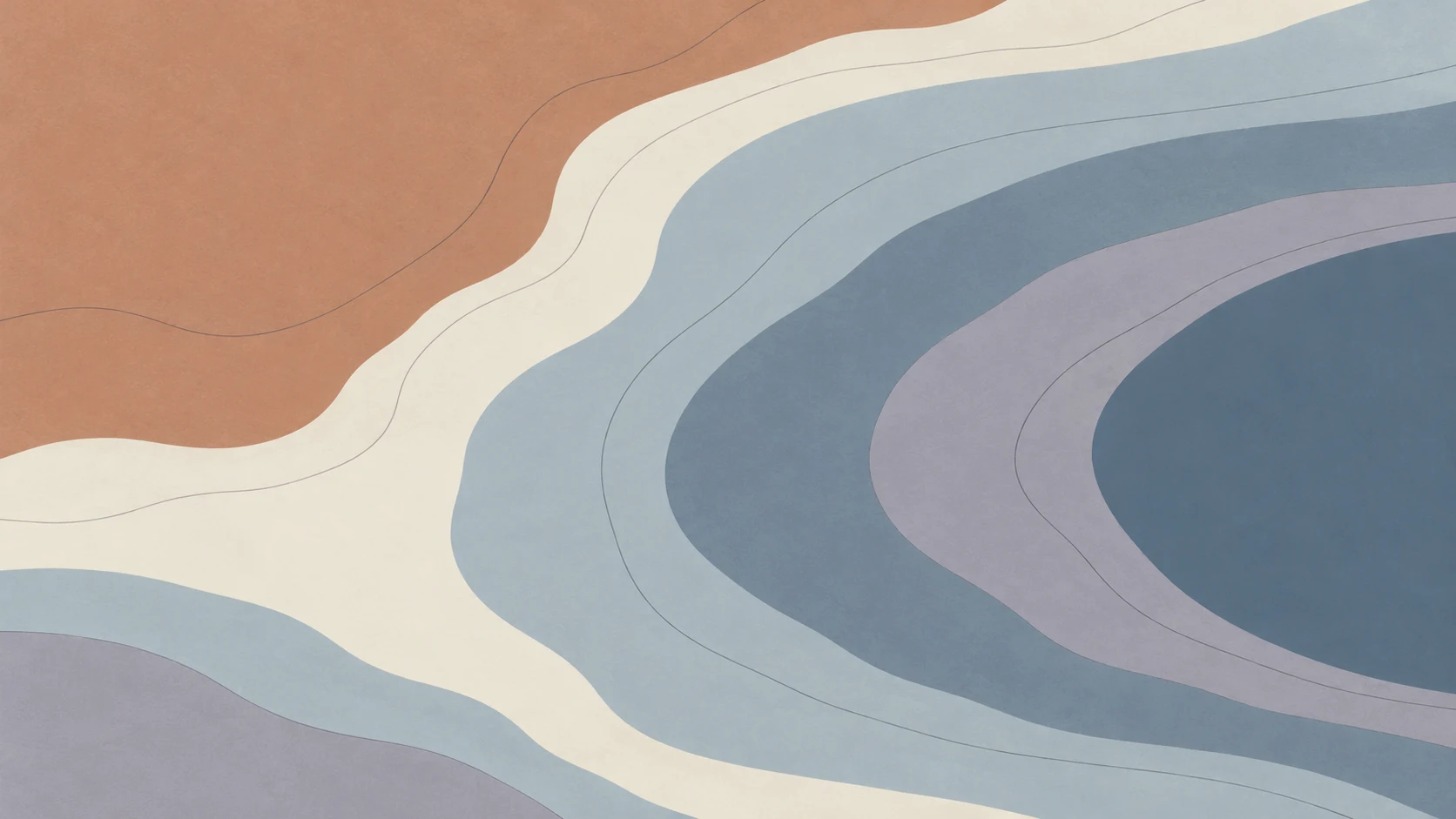 Broad clay, ivory and blue-grey contour fields curve around a slate basin extending beyond the right edge.