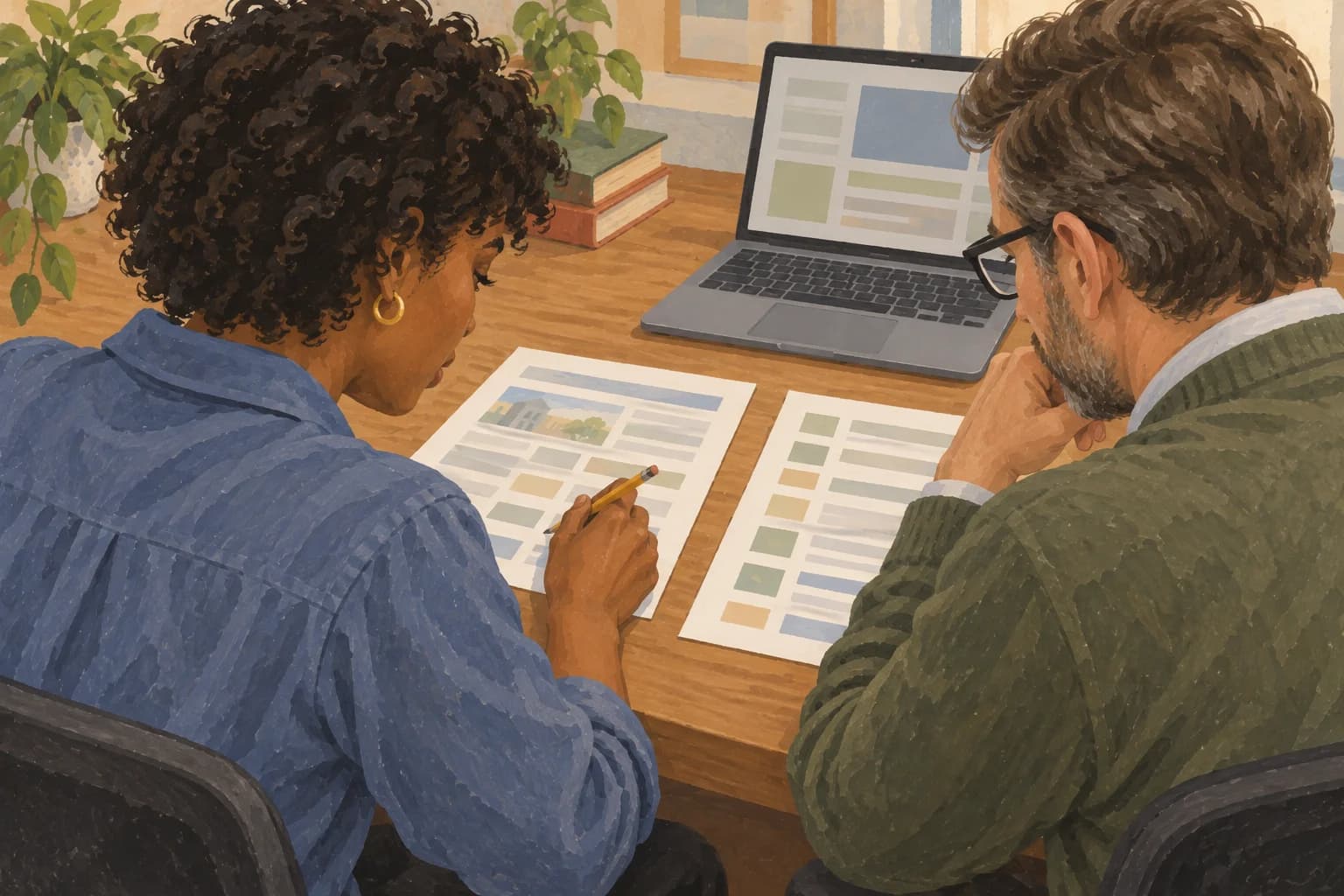 A junior assistant and supervisor review two documents at a desk, with the pages and laptop facing them.