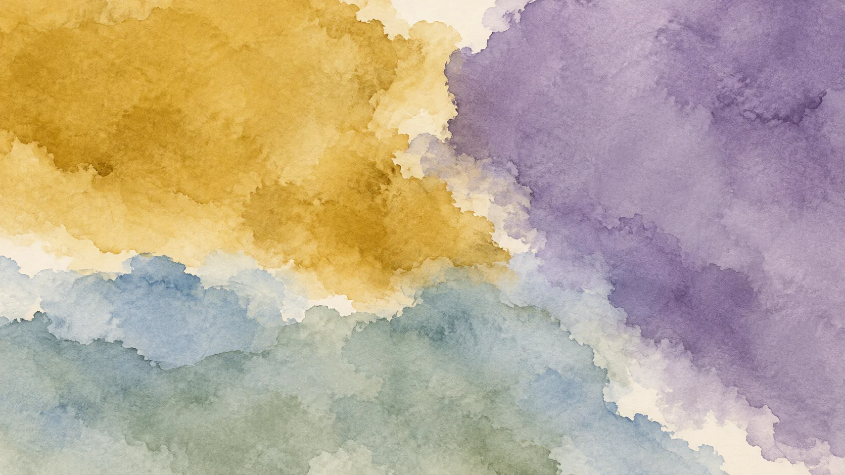 Broad ochre and plum watercolor fields meet above softly mingled pale blue and sage pigment.
