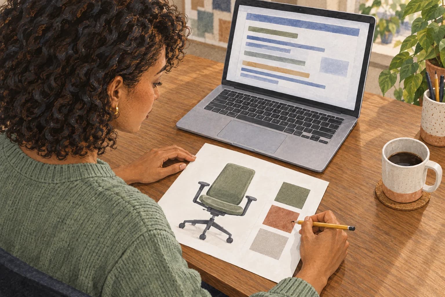 Over the shoulder of a furniture sales coordinator checking a chair product sheet, with the sheet and laptop facing her.