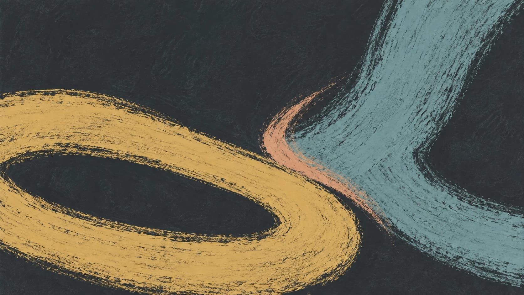 A broad ochre chalk loop meets a rising turquoise sweep and peach accent across a dark slate field.