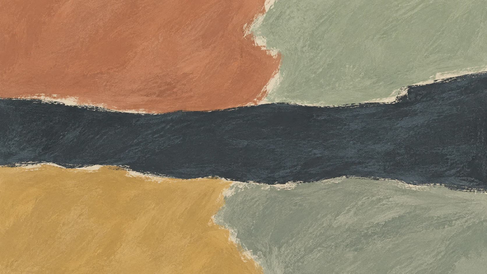 A broad charcoal passage separates clay, sage and ochre pastel impressions with irregular painted boundaries.