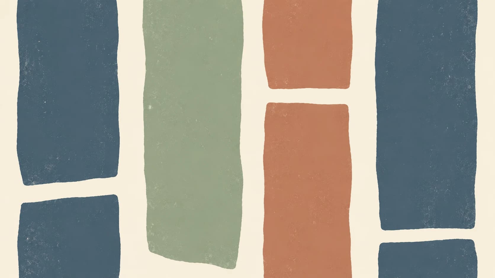Broad slate, sage and terracotta pigment columns extend across an ivory ground, with narrow breaks at different heights.