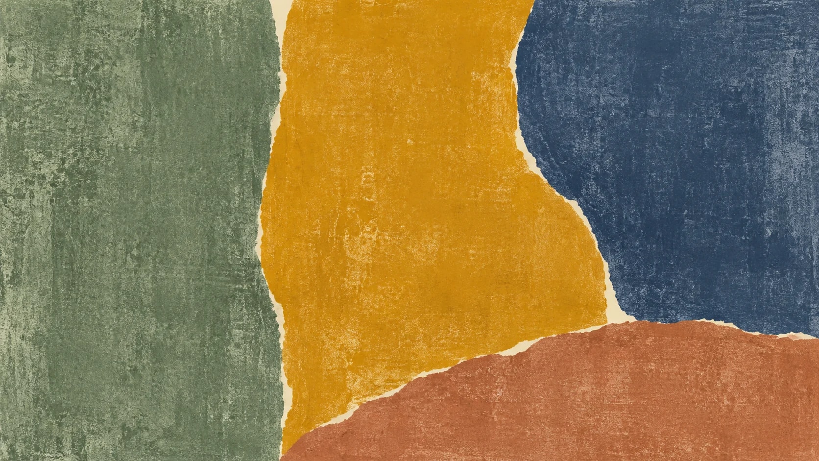 Broad upright sage, ochre and slate monoprint impressions share irregular edges above a clay base.