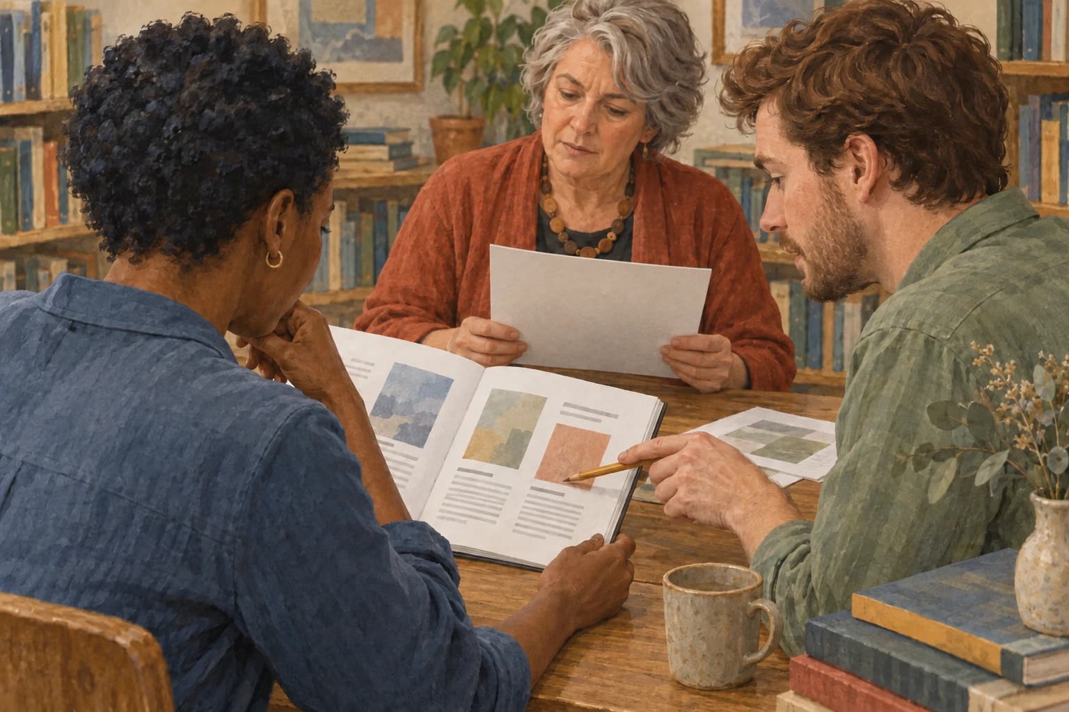 Three publishing colleagues discuss a catalogue and proof sheet, with the pages oriented toward the people reading them.