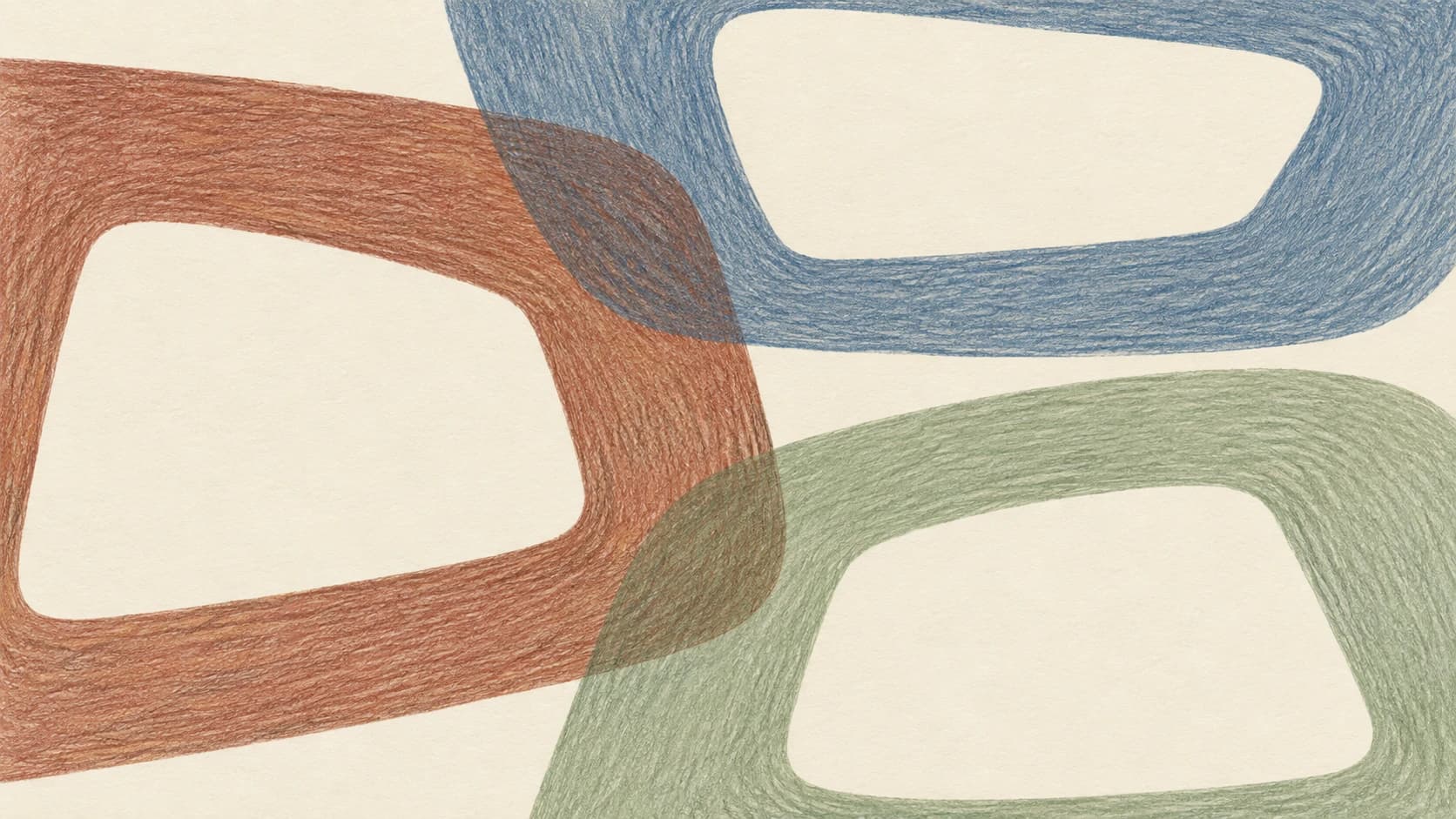Broad terracotta, slate-blue and sage pencil loops overlap on cream paper.