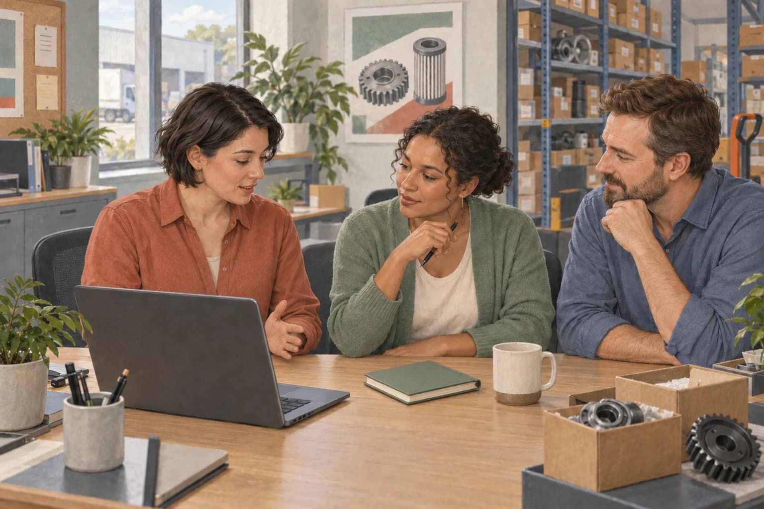 A customer-service employee, dispatch coordinator and manager discuss their work beside a laptop that faces its user.