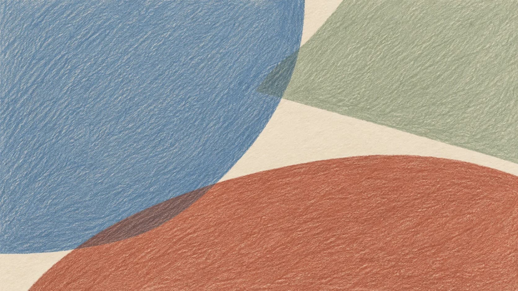 Broad blue, terracotta and sage pencil forms overlap at two distinct contact areas on cream paper.