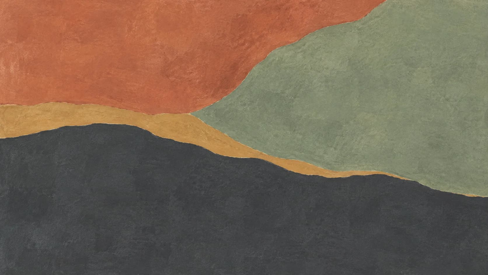 Broad terracotta, sage and charcoal pigment fields meet along an irregular ochre boundary.