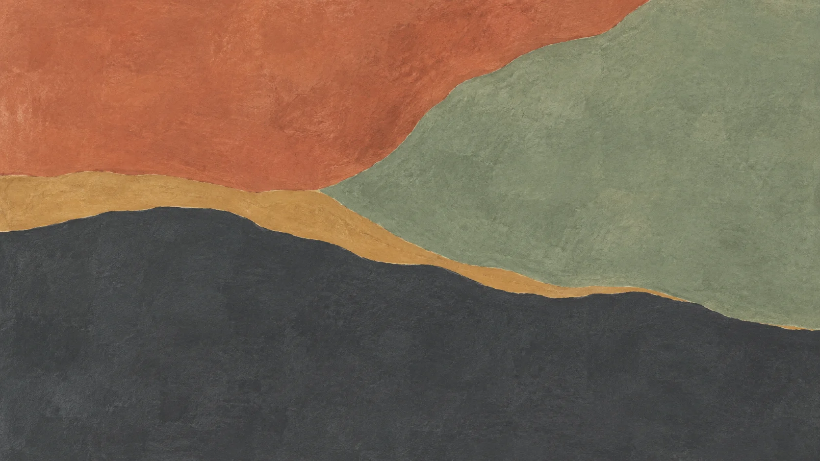 Broad terracotta, sage and charcoal pigment fields meet along an irregular ochre boundary.