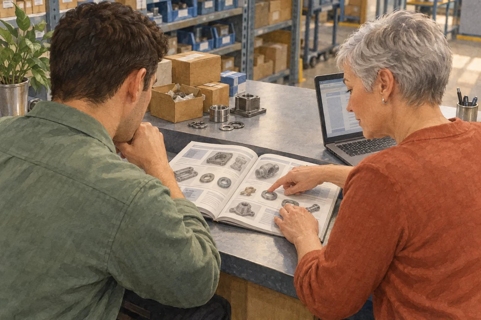 A new adoption lead listens beside a sales coordinator pointing to an open parts catalog, with the catalog and laptop facing the workers.
