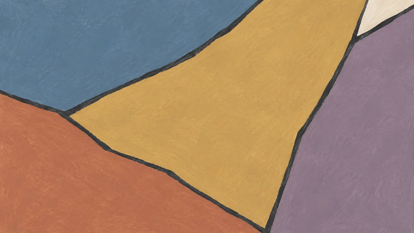 Broad slate-blue, terracotta, ochre and mauve painted fields meet along irregular charcoal boundaries.