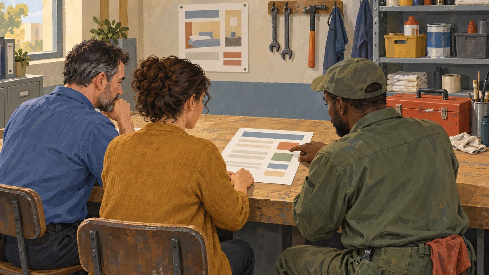 A facilities manager, worker representative and maintenance technician review a job proposal together in a maintenance office.
