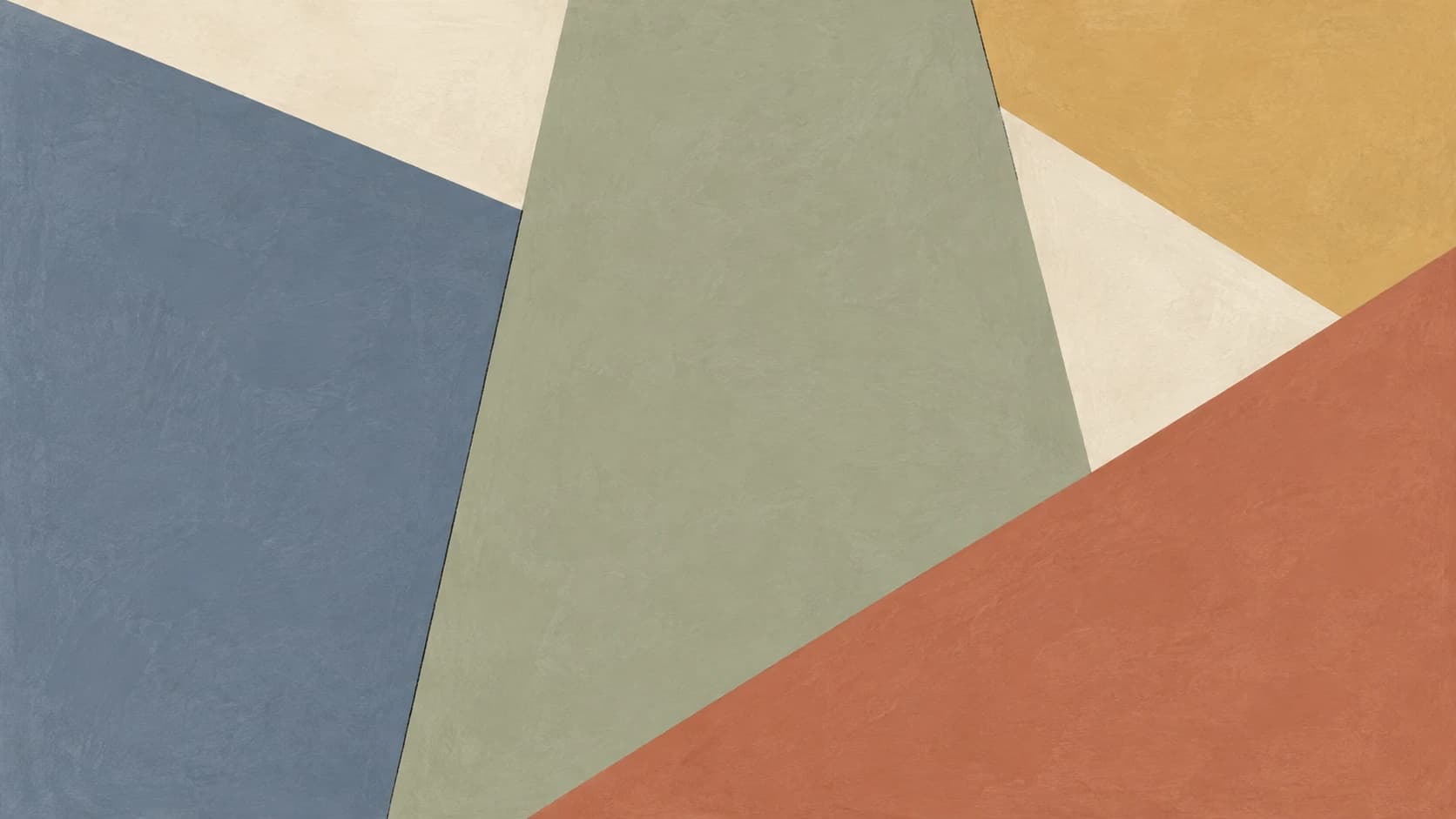 Broad sage, slate and terracotta painted planes fit together with an ochre corner and ivory gaps.
