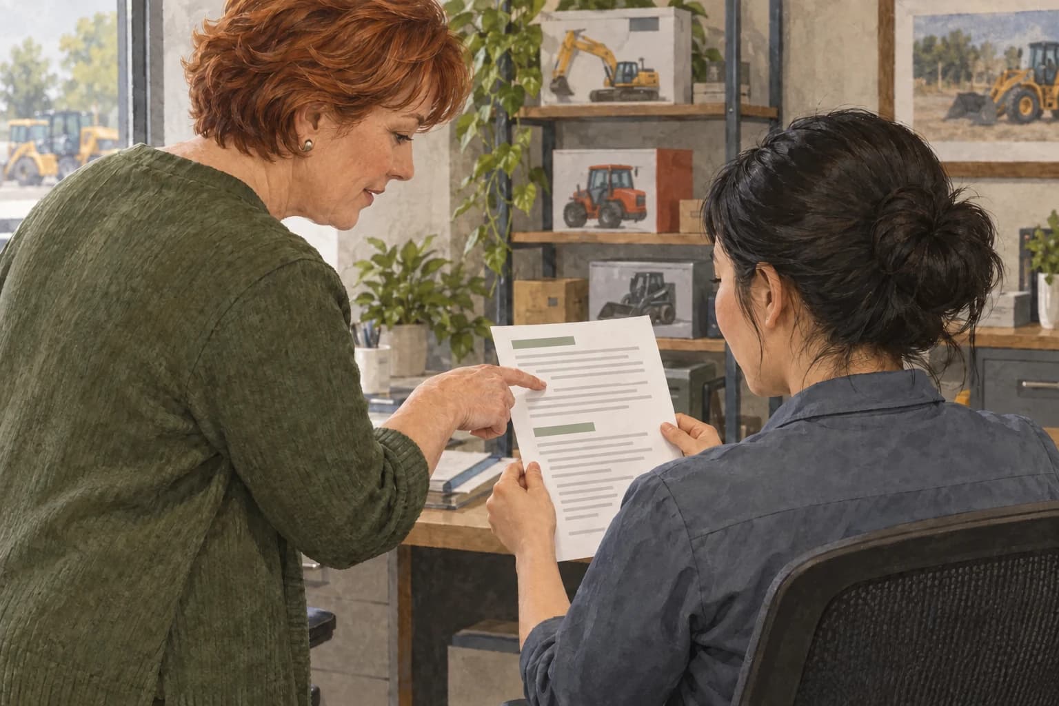 An adoption coordinator and a service adviser review a paper guide together, with the pages oriented toward the seated adviser.