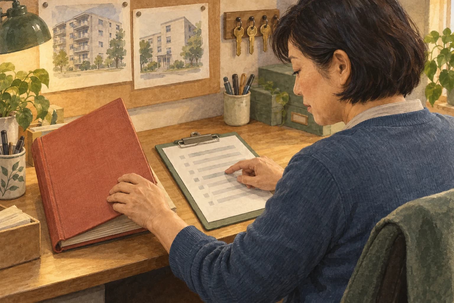 A maintenance coordinator closes an old register beside a current request sheet, with the working materials oriented toward her.