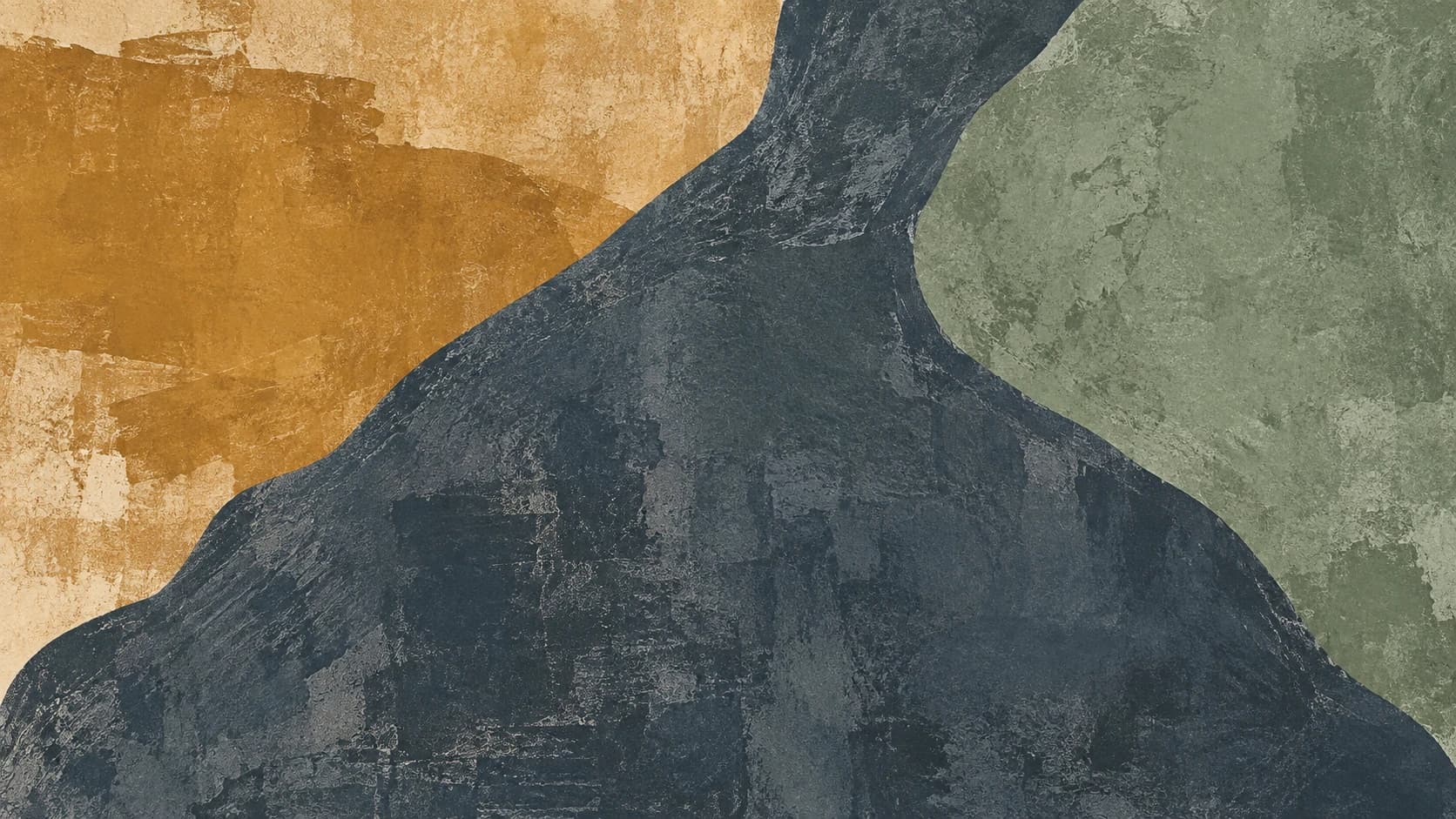 A broad slate impression meets sage and ochre fields in a textured flat print.