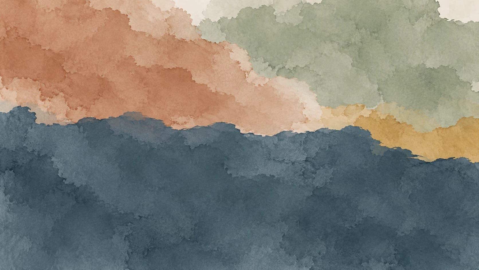 A continuous slate watercolor wash meets broad clay and sage pigment fields with a restrained ochre contact.