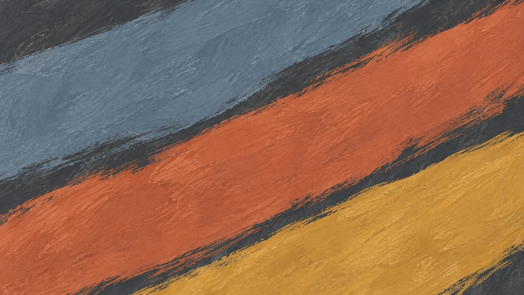 Broad slate, terracotta and ochre painted strokes rise together across a charcoal ground.