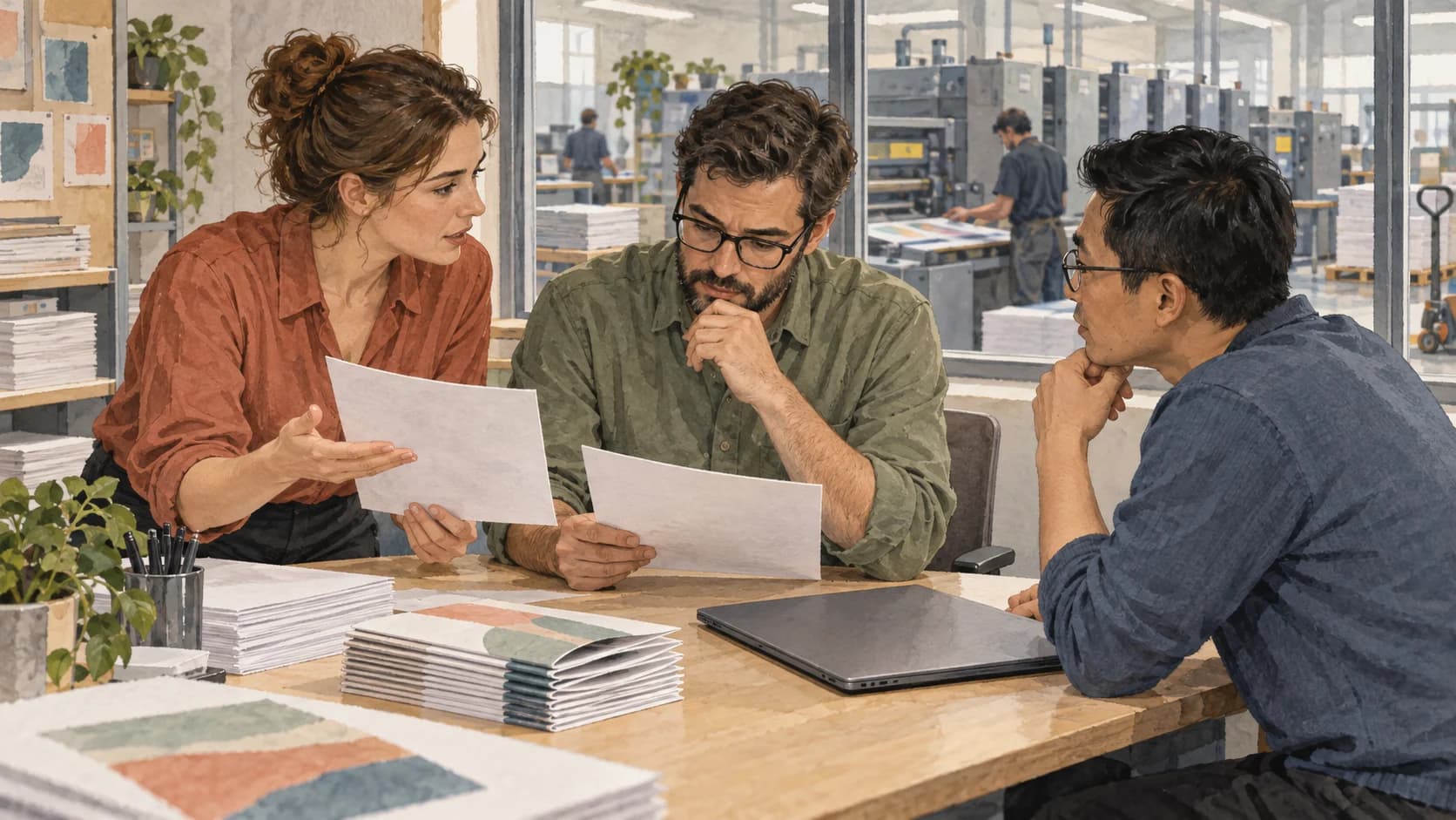 Account service, production planning and IT colleagues discuss customer-brief and job-sheet papers beside a printing floor.