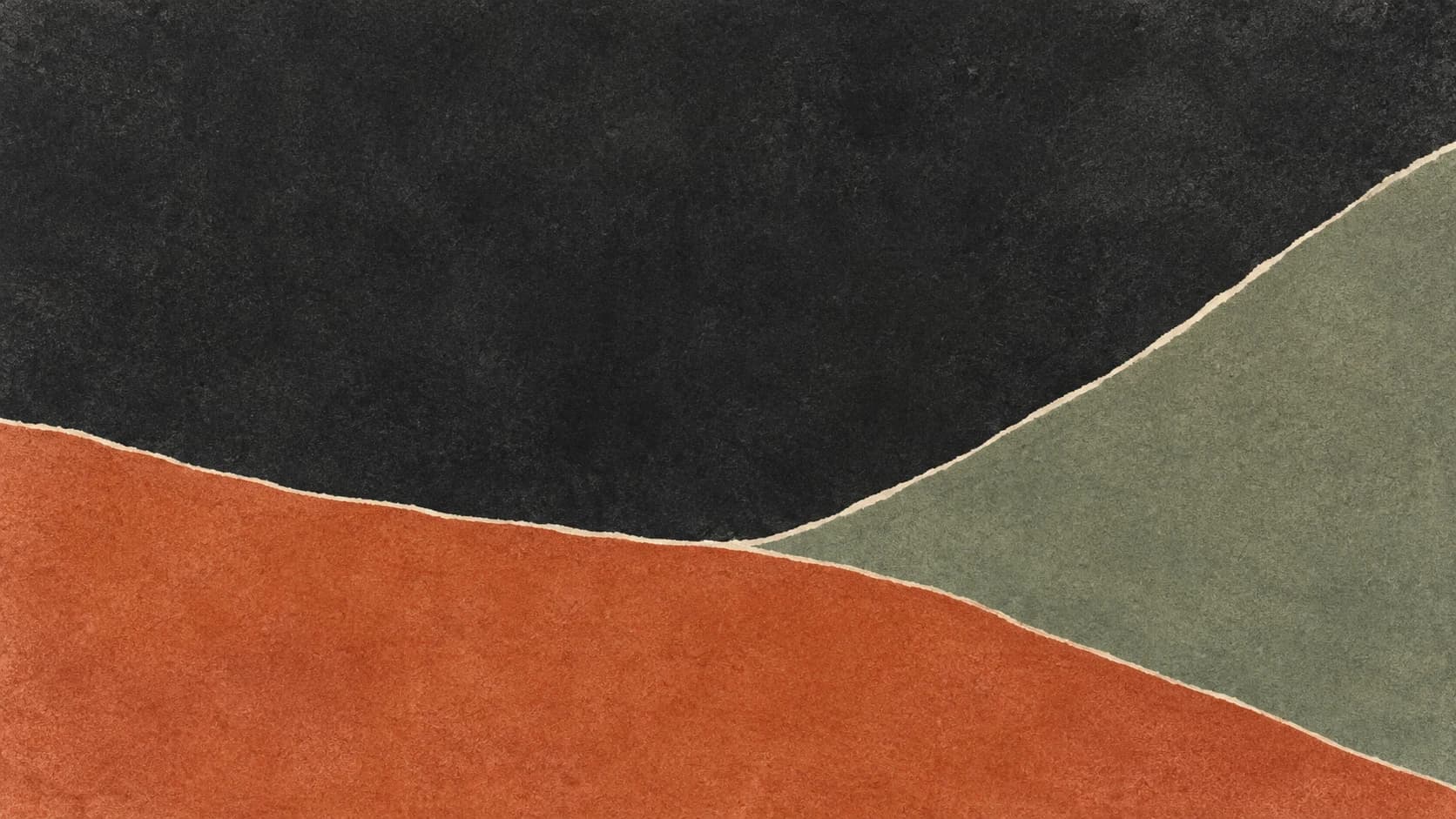 Grained charcoal, clay and gray-green ink fields fill the frame, separated by narrow irregular ivory seams.