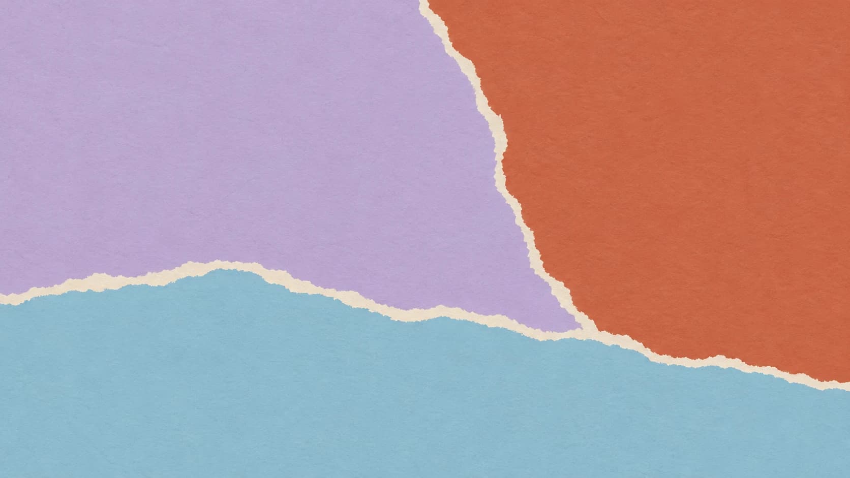 Broad lavender and terracotta torn-paper fields meet above a dusty blue foreground and a narrow ivory seam.