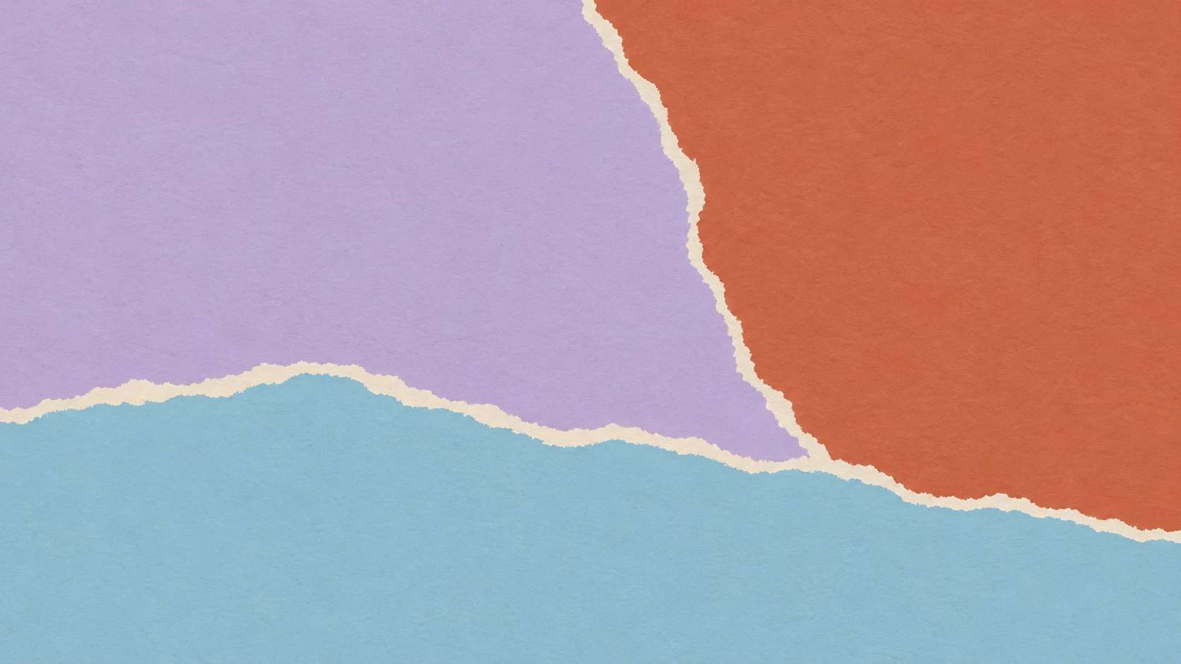 Broad lavender and terracotta torn-paper fields meet above a dusty blue foreground and a narrow ivory seam.
