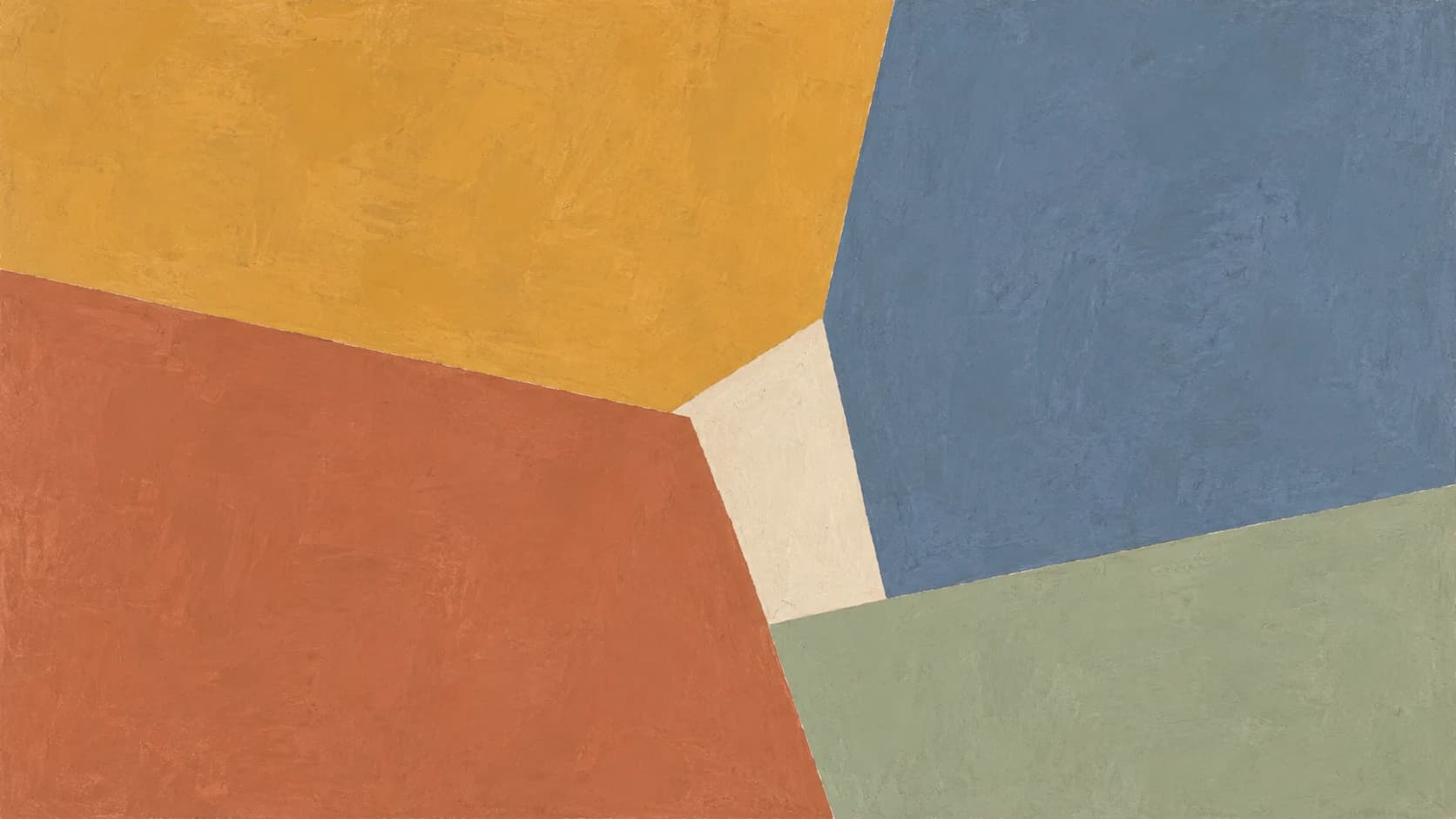 Broad ochre, terracotta, slate blue and sage painted planes fit around a short offset ivory joint.