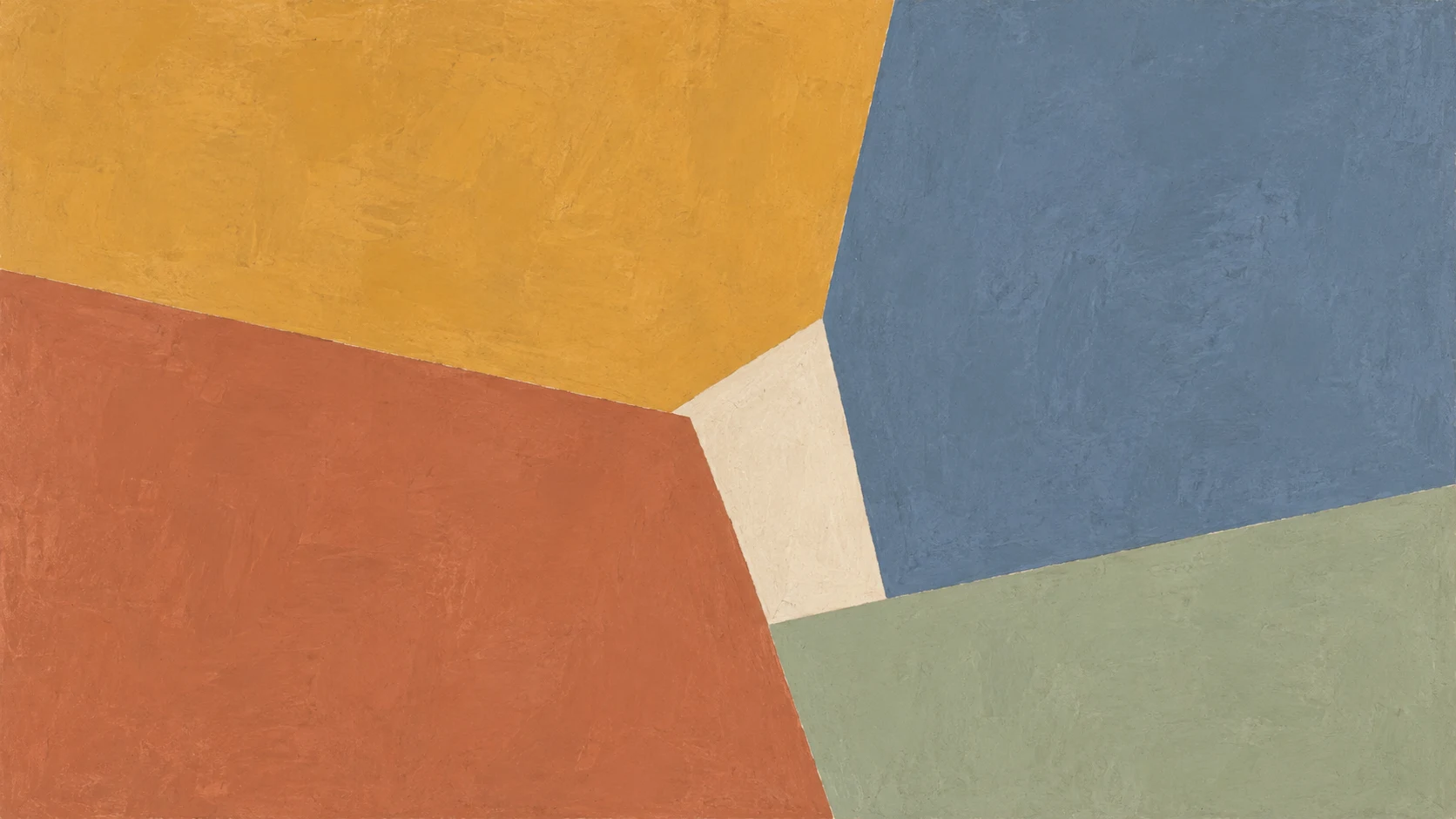 Broad ochre, terracotta, slate blue and sage painted planes fit around a short offset ivory joint.