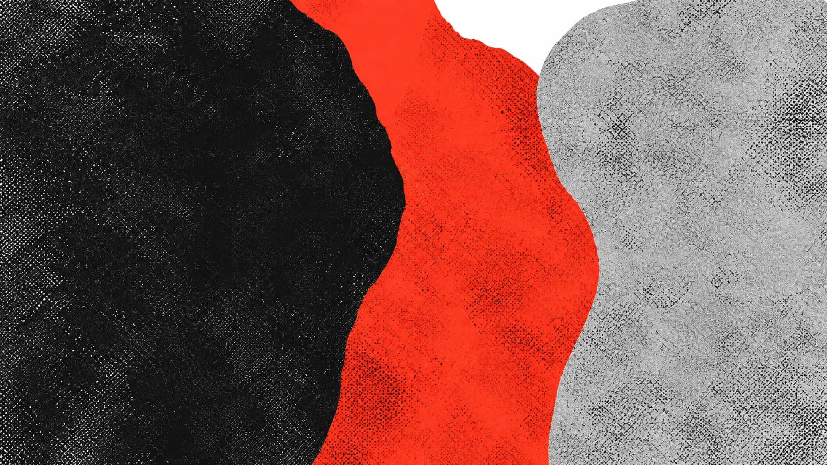 A broad vermilion form separates charcoal and pale gray printed masses across an opaque canvas.