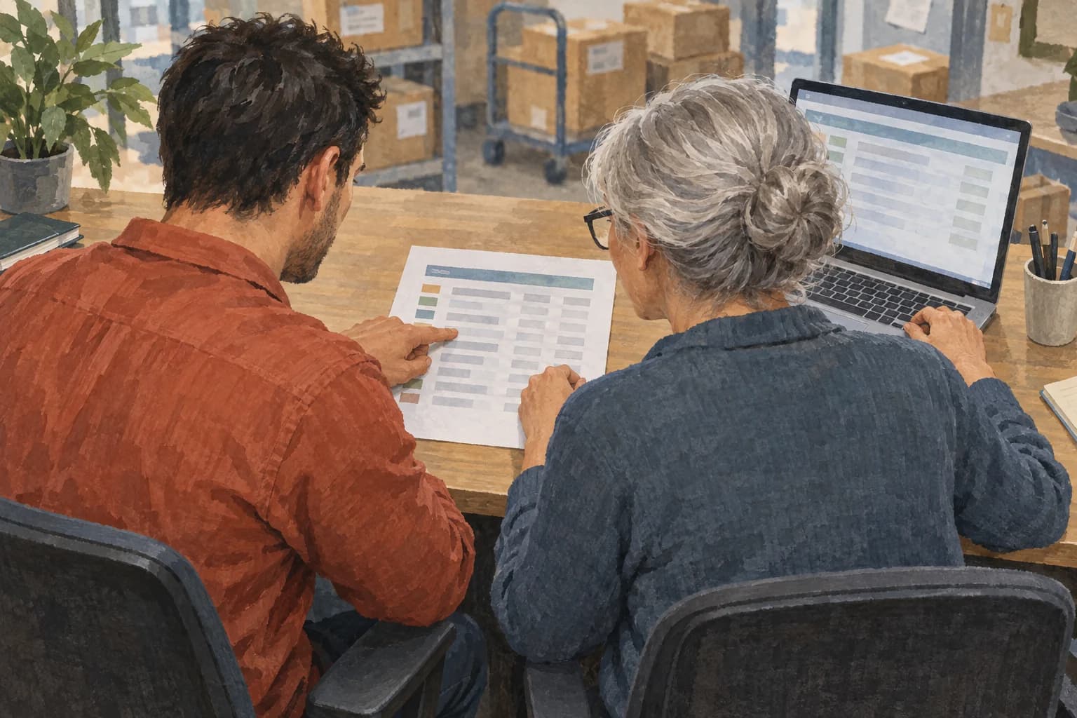 Two order-desk colleagues sit side by side reviewing a delivery record, with the sheet and laptop facing them.