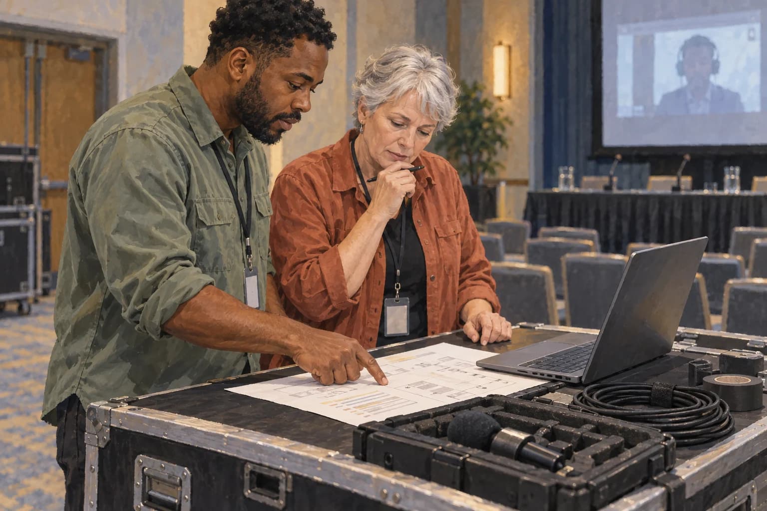 A conference-centre coordinator and technician compare an event sheet with a laptop on an AV workbench, with the working surfaces facing them.