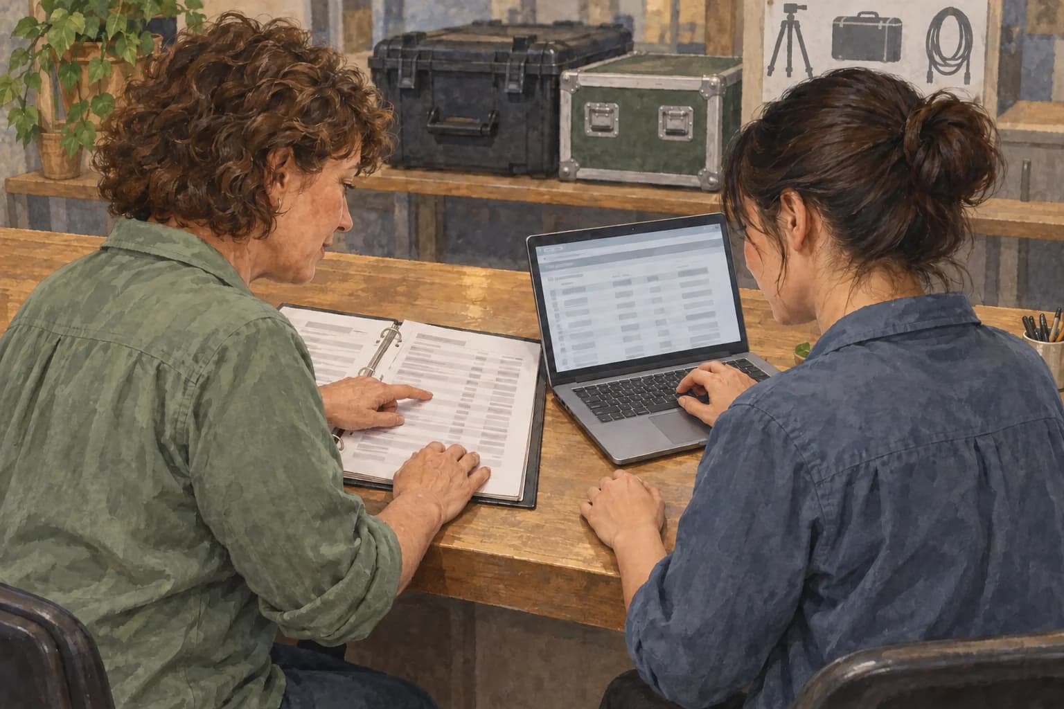 A rental coordinator points to an open register while a technical colleague checks a laptop, with both working surfaces facing the colleagues.