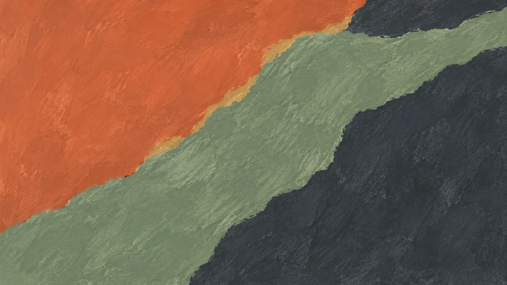 Broad terracotta, sage and charcoal pastel fields meet along an irregular rising boundary with a restrained ochre seam.