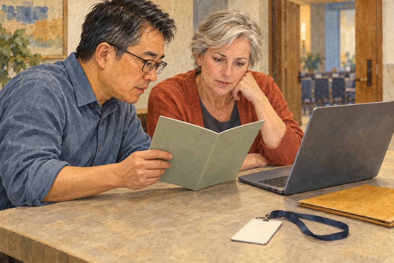 A conference coordinator holds a program facing himself and a colleague while they compare it with a laptop facing them.