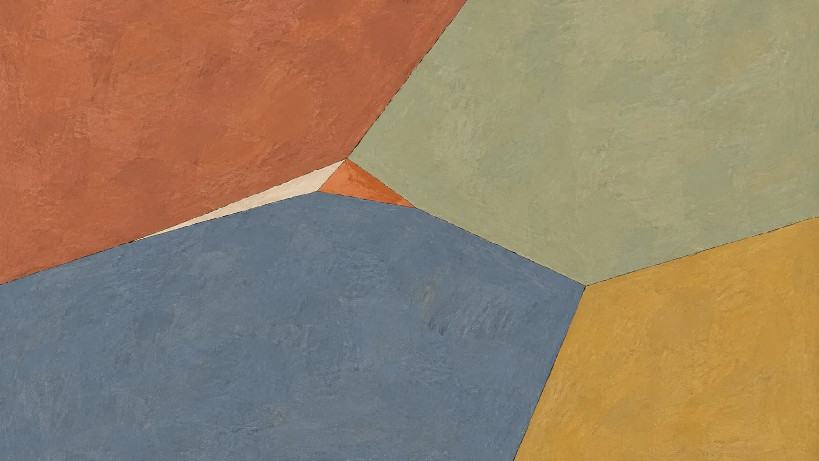 Broad terracotta and sage painted planes meet over slate blue and ochre around a small ivory and orange join.