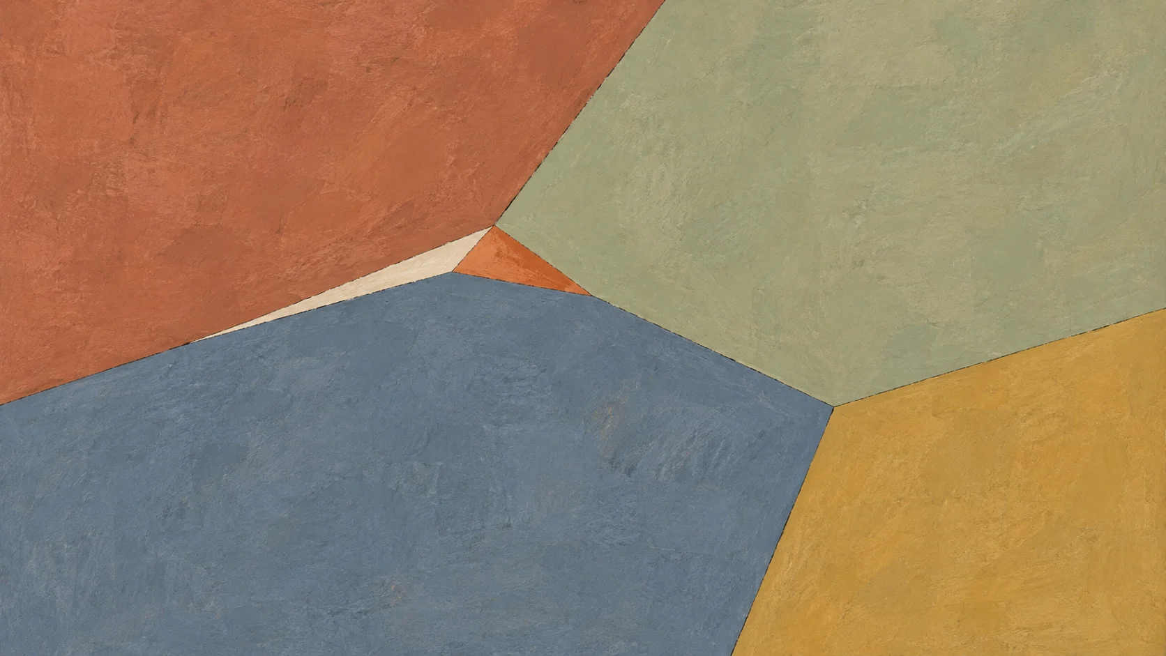 Broad terracotta and sage painted planes meet over slate blue and ochre around a small ivory and orange join.