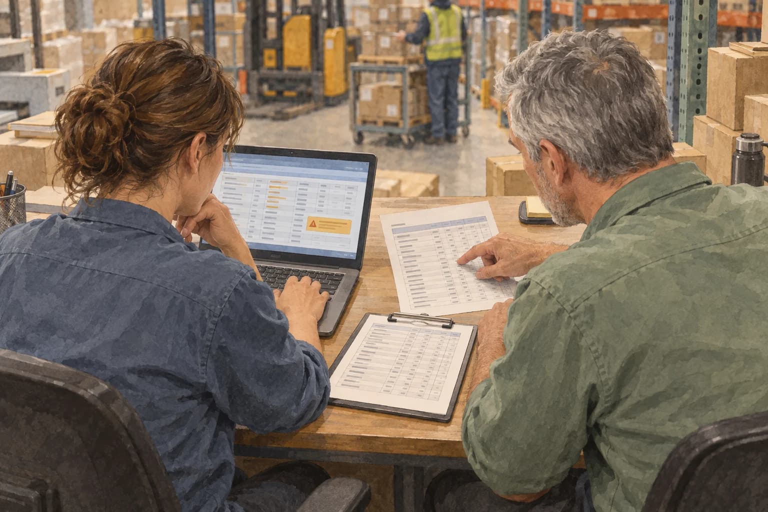 Two warehouse colleagues compare a receiving-record printout with a laptop while reviewing a stock discrepancy.