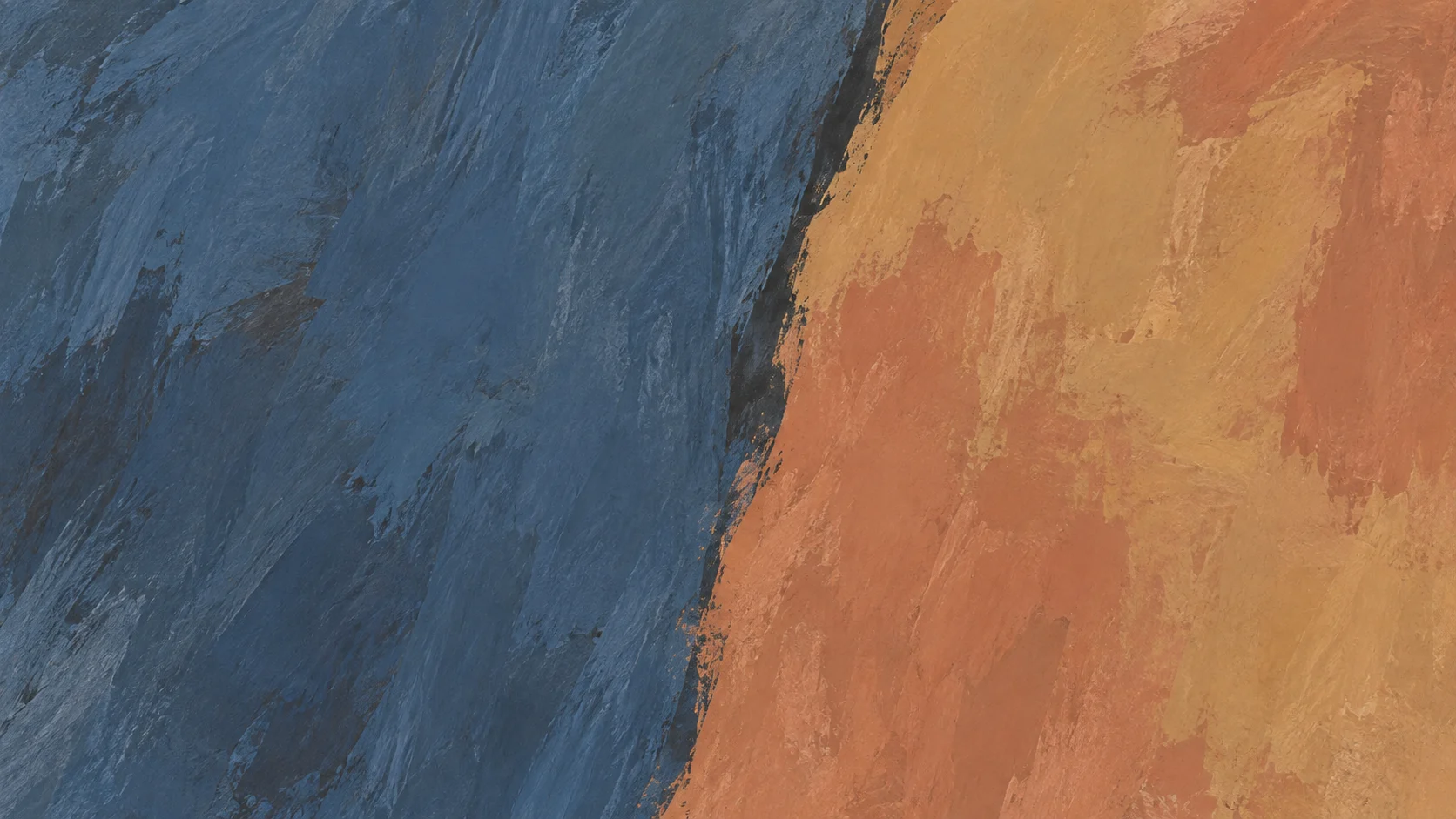 Broad upright slate blue and ochre-terracotta painted fields meet along an irregular charcoal seam.