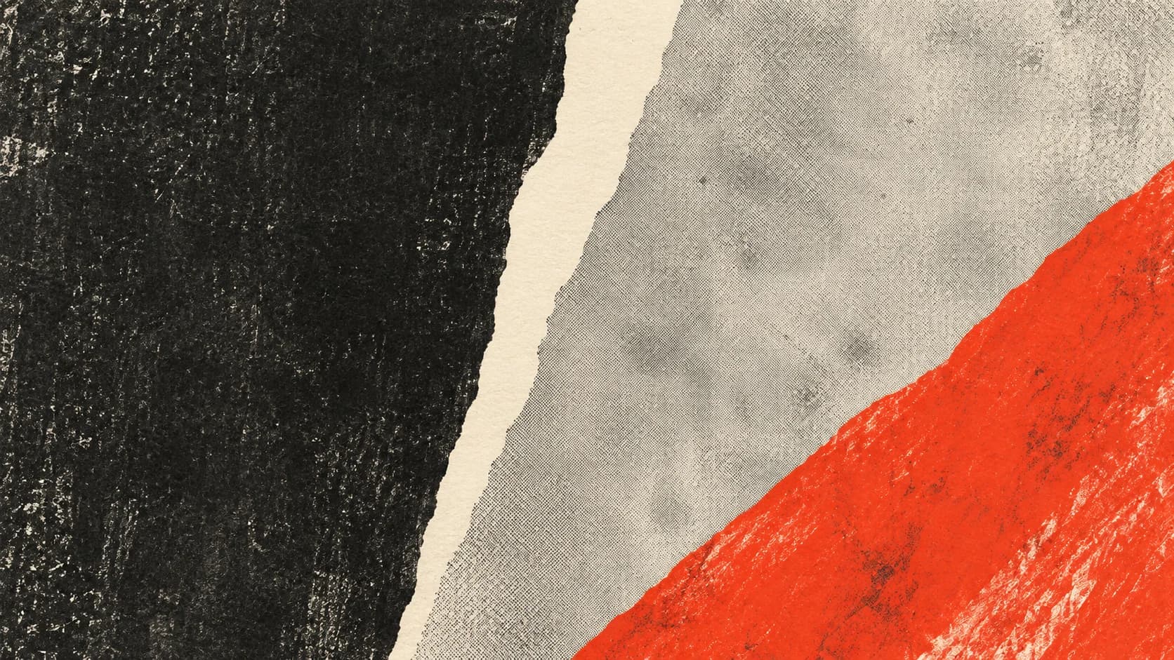 Broad charcoal, gray and vermilion print fields meet along irregular ivory edges.