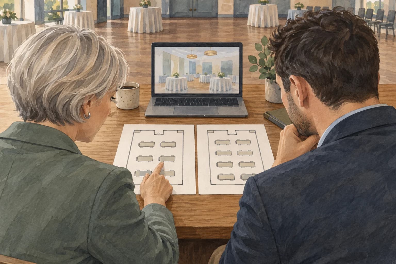 Two venue colleagues compare room plans with different table arrangements, with both pages and the laptop facing the people reading them.